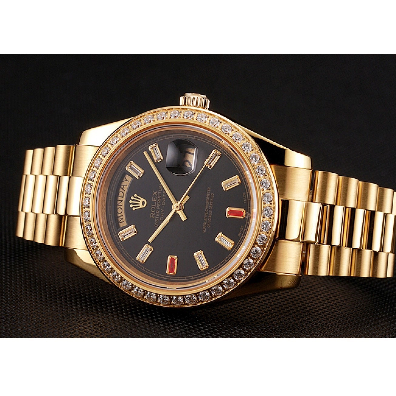 Best AAA Replica Sites Day-Date Bracelet Gold Diamonds 1454101 And Black Swiss Rolex Rubies Dial 0626